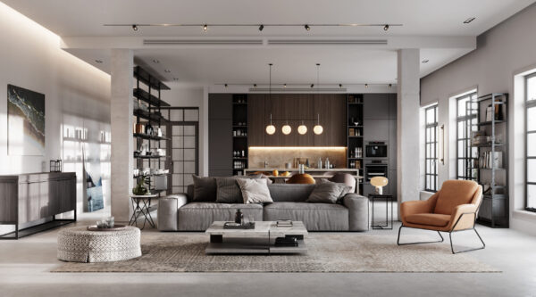 Luxurious and modern living room 3D rendering Asset Immobiliari disponibili